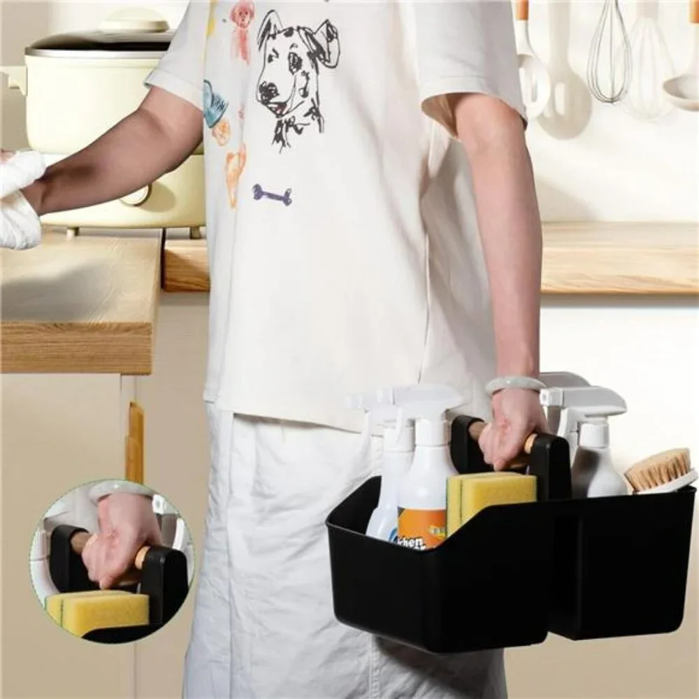 Portable Shower Caddy Basket Bathroom Organizer Tote with Bamboo Handle Storage